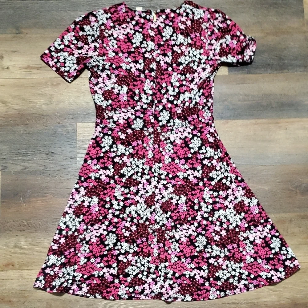 Michael Kors Pink Floral A-Line Short Sleeve Stretch Midi Dress